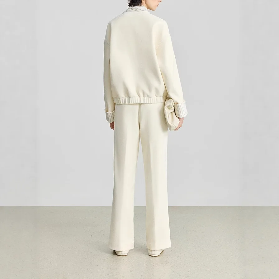 ชุดเซ็ท 2 ชิ้น เสื้อแจ็คเก็ตขนนุ่มพิเศษ แขนยาวทรงบาน ลายทาง สำหรับฤดูหนาว สไตล์ลำลอง พร้อมเสื้อสเวตเชิ้ตแขนยาวทรงหลวม+กางเกงขายาวทรงตรง