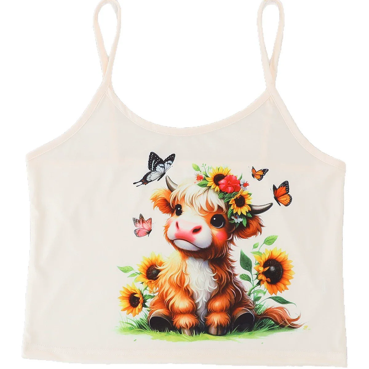 Women Y2K Crop Cami Top Cute Highland Cow Sunflower Butterfly Print Sleeveless Slim Summer Aesthetic Tank Vest
