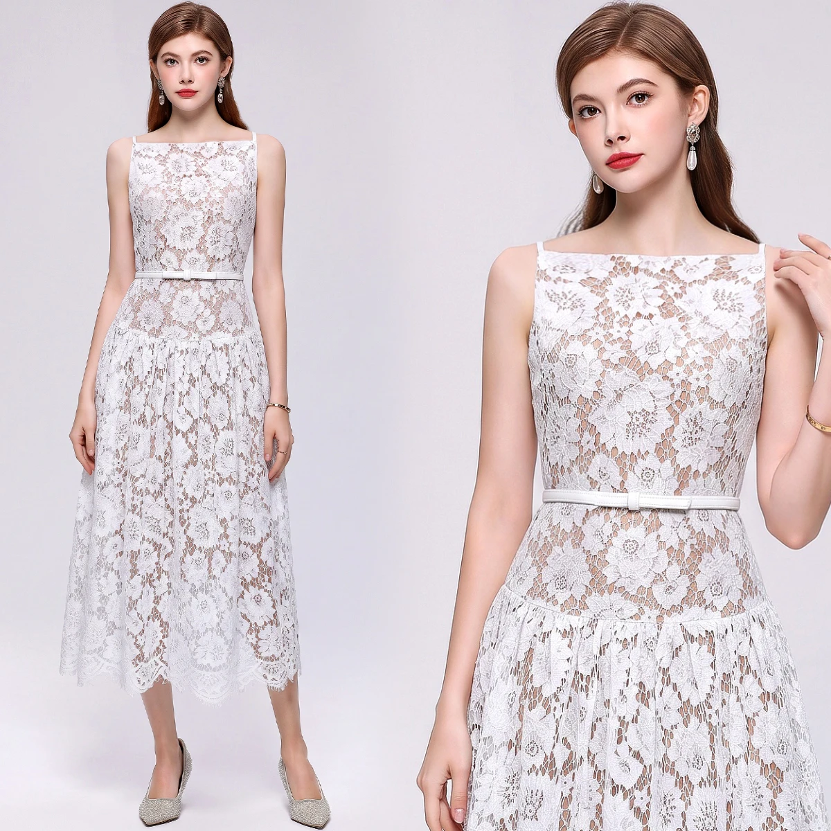 Elegant Long Lace Dress Women's High Waist Design Sleeveless KTV Costume Pure Color Spring Summer New Arrival