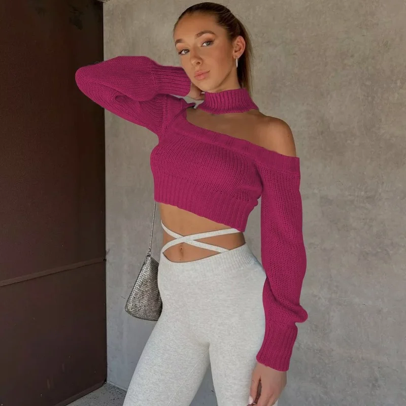 Frauen Stricken Off-Schulter Frauen Pullover 2022 Herbst Neue Halter Langarm Crop Top Strickwaren Casual Streetwear Pullover pullover