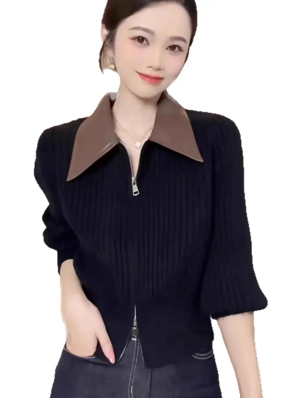 Korean Style Short Knitted Sweater Women's Outerwear Autumn Winter Warmth Heating Pure Color  Collar Zipper Splice Slimmi...