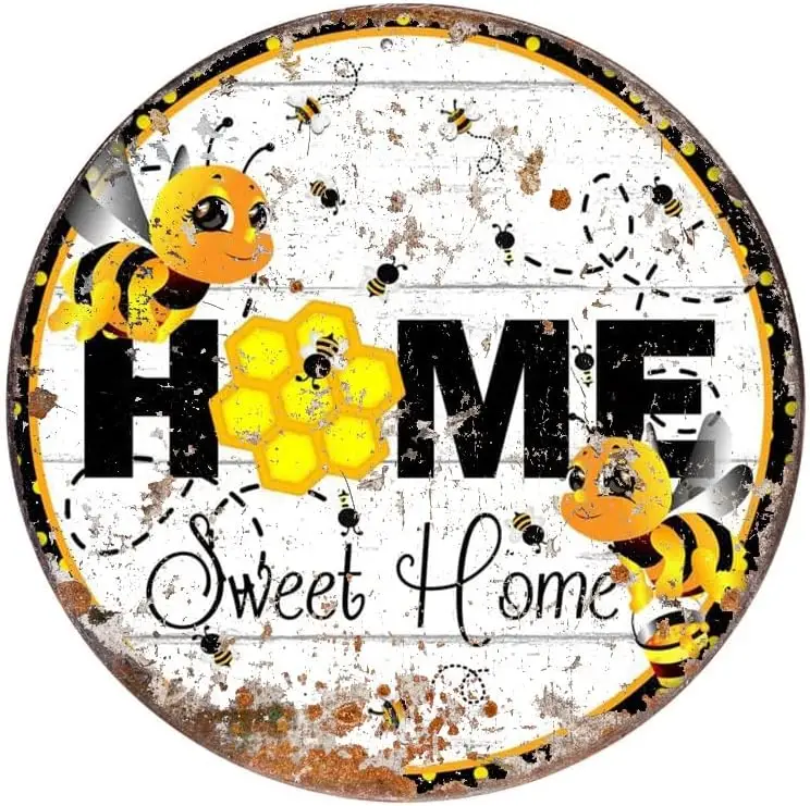 Vintage Style Round Tin Sign Wreath Sign Bee Sweet Home Metal Sign Metal Decor Wall Sign Wall Decor Door Plaque TIN Sign 12x12 I