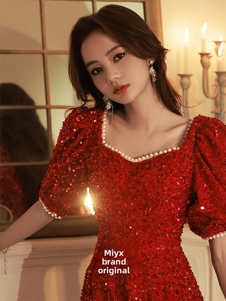 

Ele Red Wedding Dr for Women with Sequins High Quali Fabric Evening Gown for Engagement Parties Bridal Dres