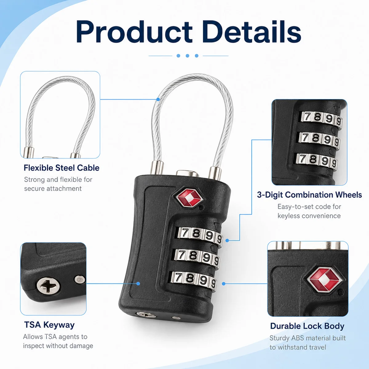 TSA Approved Luggage Lock 3 Digit Combination Cable Padlock for Suitcase Travel Bag Backpack Gym Locker Home Security Portable - view 4