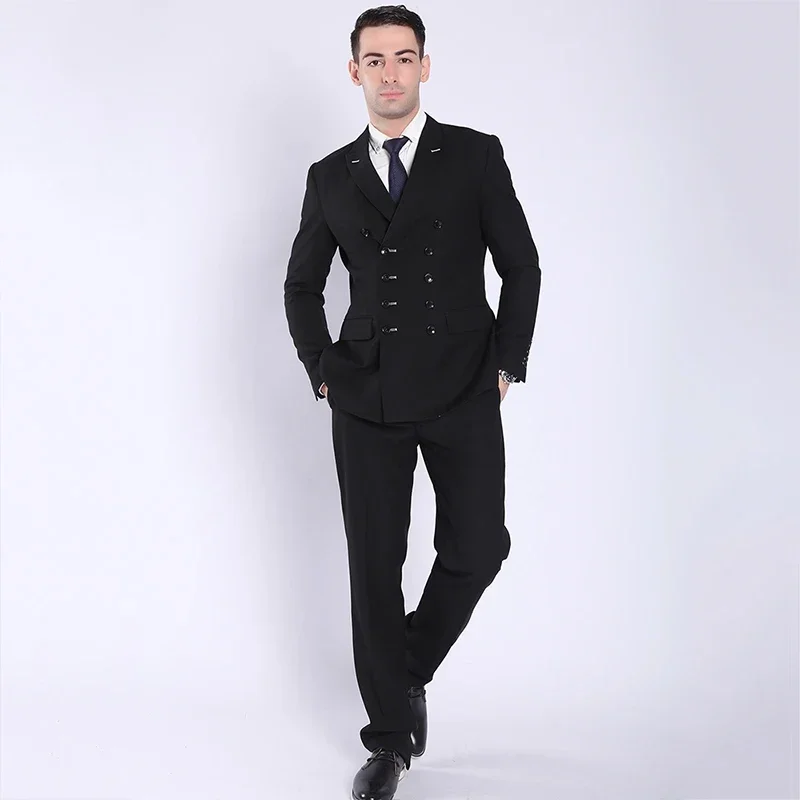 Shenrun Fashion Men Suits Black Navy Blue Double Breasted Suit Jacket Pant Slim Fit Casual Blazers Business Party Formal Costume