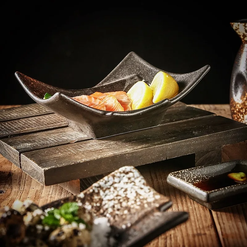 Plato de postre de cerámica para comida japonesa, vajilla de melamina, color negro