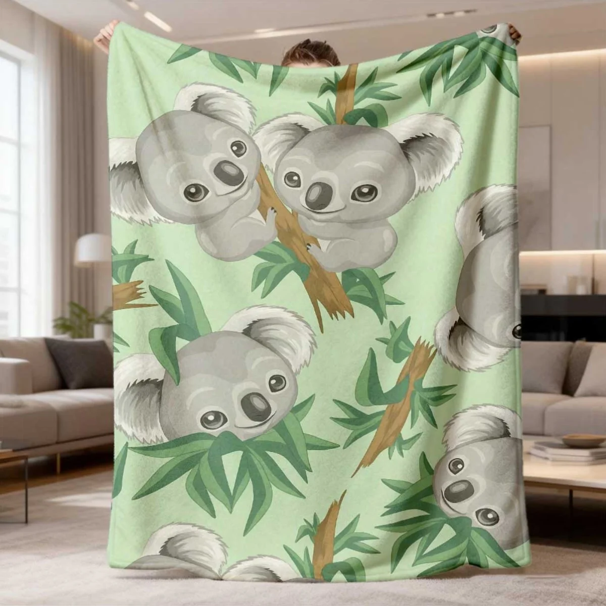Sweet Cartoon Koala Bear Fresh Green Foliage Nature Pattern Flannel Blanket Indoor Outdoor Soft Timeless Warm Home Holiday Decor