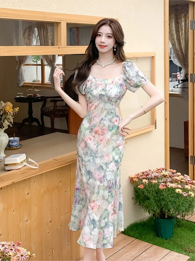 Elegant Women Mermaid Dresses French Chic Oil Painting Floral Summer Square Collar Lantern Sleeve Long Dress Slim Birthday