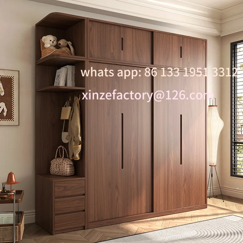 

Customizable Solid Wood Sliding Door Wardrobe Modern Simple Combination Wardrobe Log Walnut Sliding Door Bedroom Wardrobe
