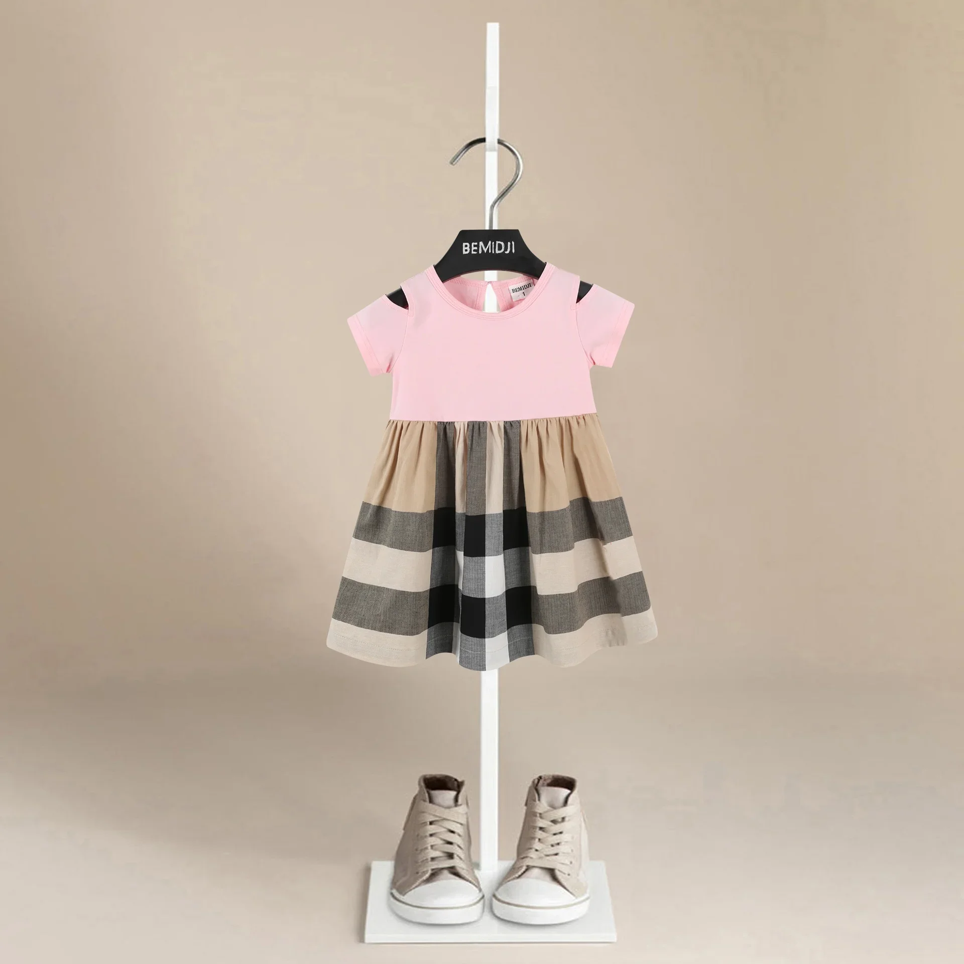 

Costume for Baby Girls Dress 2-7 Years Old Birthday Short Sleeves Splicing Striped White Pink Princess Dresses Cute Summer