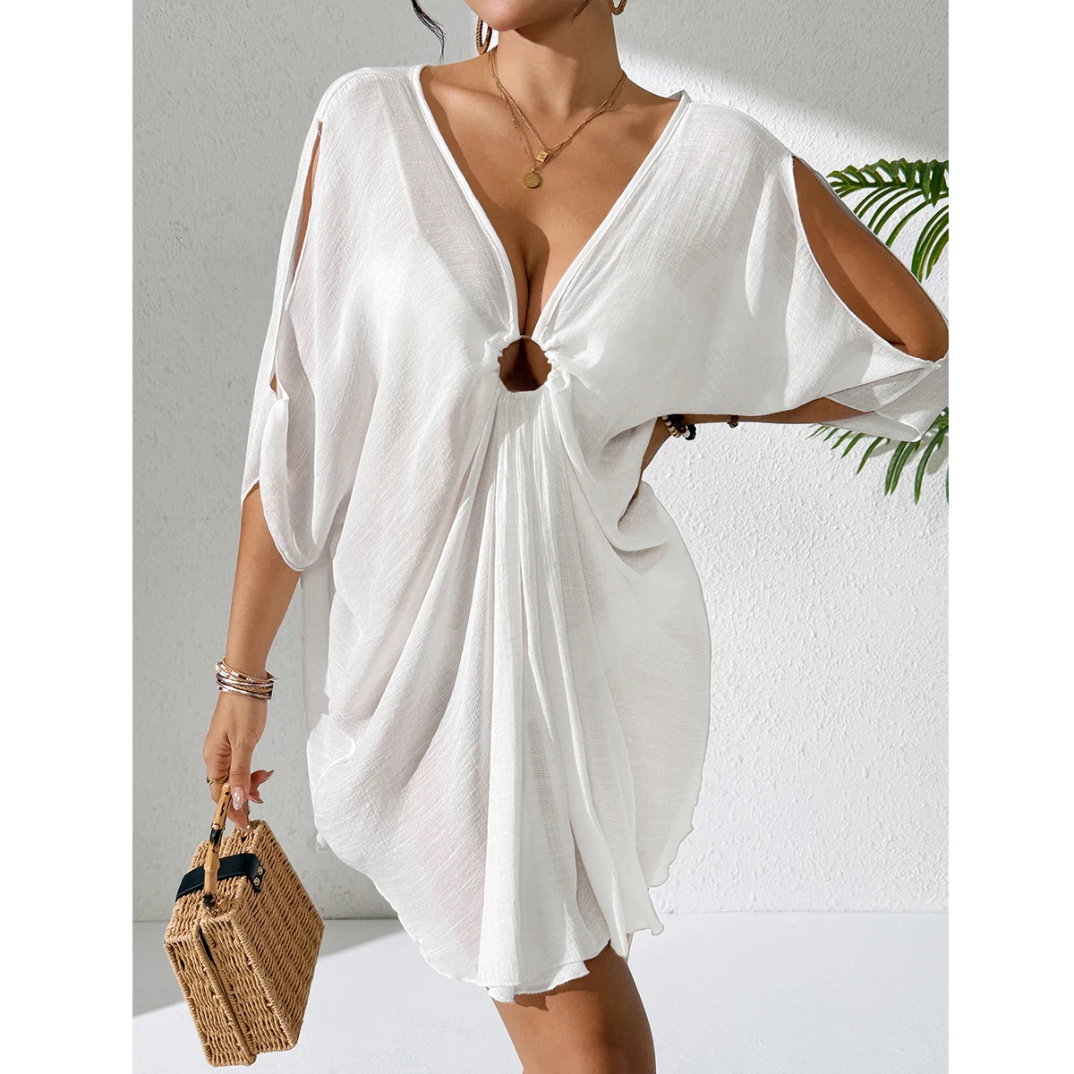

Vacation Style Plain Loose Bikini Cover-Up Dress, Ring Decorated Casual Lightweight Dress, Comfortable Summer Wear