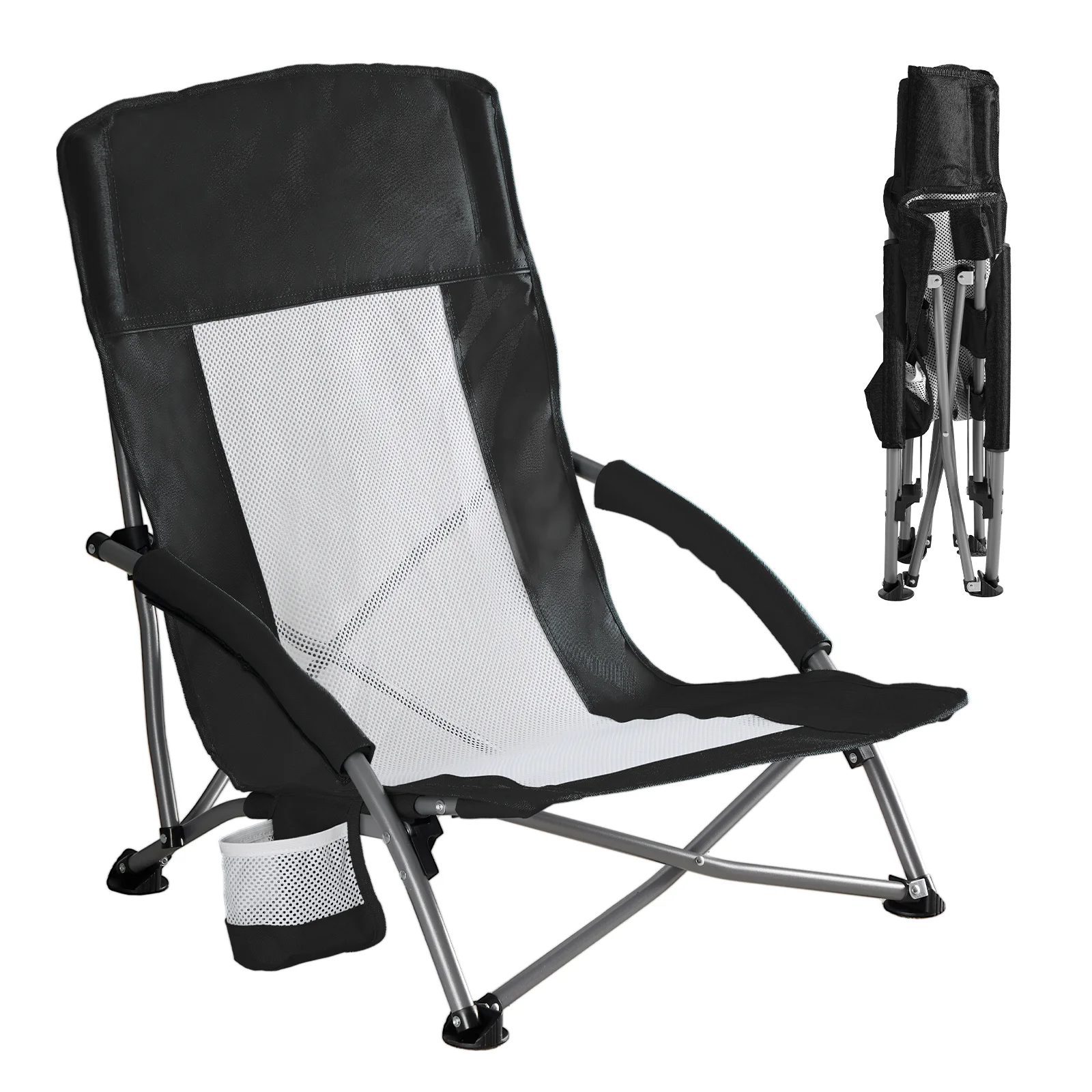 

JHK Outdoor Portable Low Beach Camping Chair Folding Chair with Cup Holder Padded Armrests Sturdy Steel Frame Picnic Chair