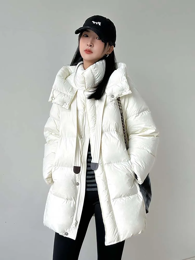 럭셔리 여성 후드 다운 재킷 2025 겨울 두꺼운 따뜻한 느슨한 중간 길이 퍼퍼 코트 기본 여성 겉옷 솔리드 INKEO DJ533