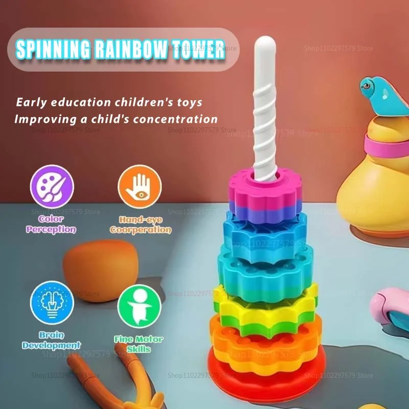New Children's Montessori Sensory Spinning Rainbow Gear Stacking Toy Kids Motor Skills Development Gift Toddler Educational Play