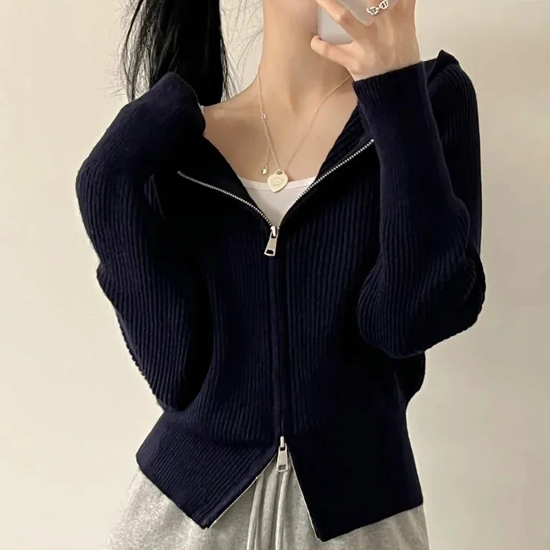 korean Long sleeve pink Short coats Tops Sweaters autumn winter Women zipper Knitted Cardigan casual loose solid hooded Sweater