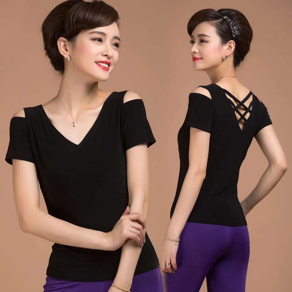 

Samba Fashion Latin Dance Top Short-sleeved Women's New Sexy Black V-neck Prom Back Cross Practice Fashion Top