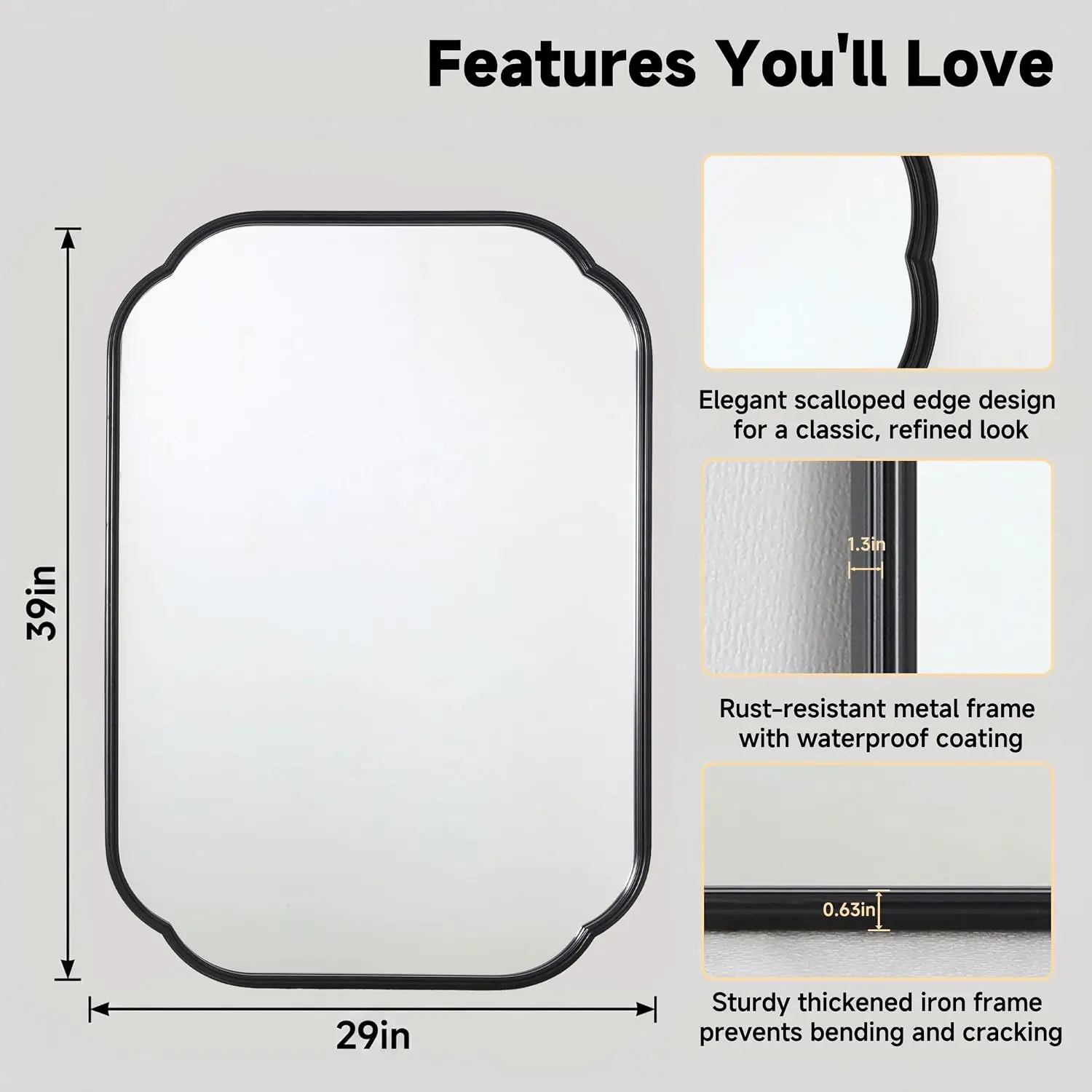 Black Scalloped 39x29 Bathroom Mirror Rust Proof Metal Frame Rounded Corner Rectangle Vanity Over Sink Living Room Bedroom Moder
