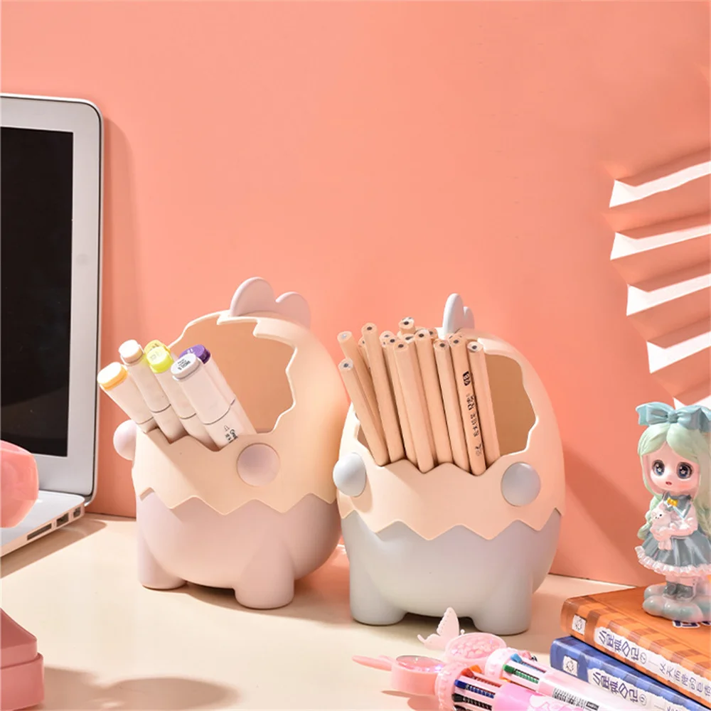 Cute Pen Holder Cartoon Dinosaur Egg Shaped Student Stationery Storage Desktop Makeup Brush Container Office Desk Trash Can