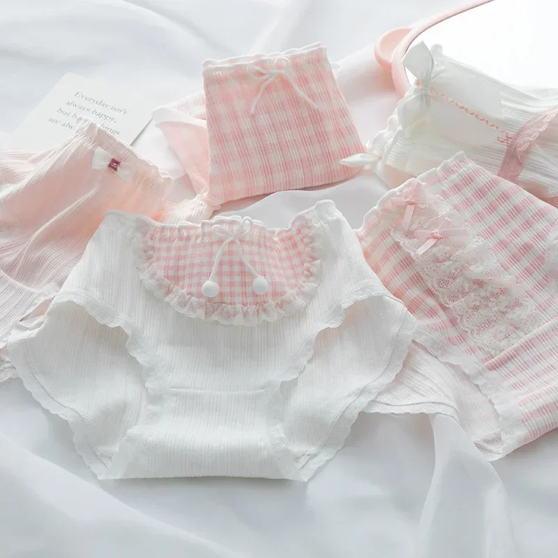 الحلو لطيف الوردي الدانتيل شريط سراويل النساء لوليتا مثير القطن السروال الفتيات منتصف الخصر موضة سلس ملخصات الملابس الداخلية