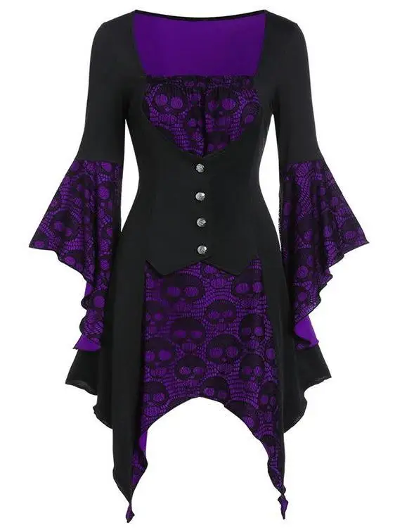 

Halloween Skull Lace Strap Button Top mid High Waist Polyester Winter Business Women's Irregular Skirt V-neck Long Sleeve