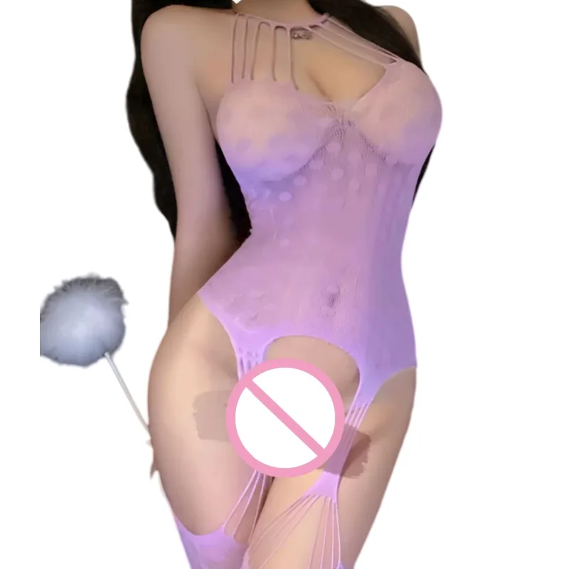 Nuevo y Atractivo Vestido Morado Estilo Europeo y Americano con Diseño de Red de Pesca, Cuello Halter y Tirantes Finos, con Transparencias de Malla y Estilo Mono