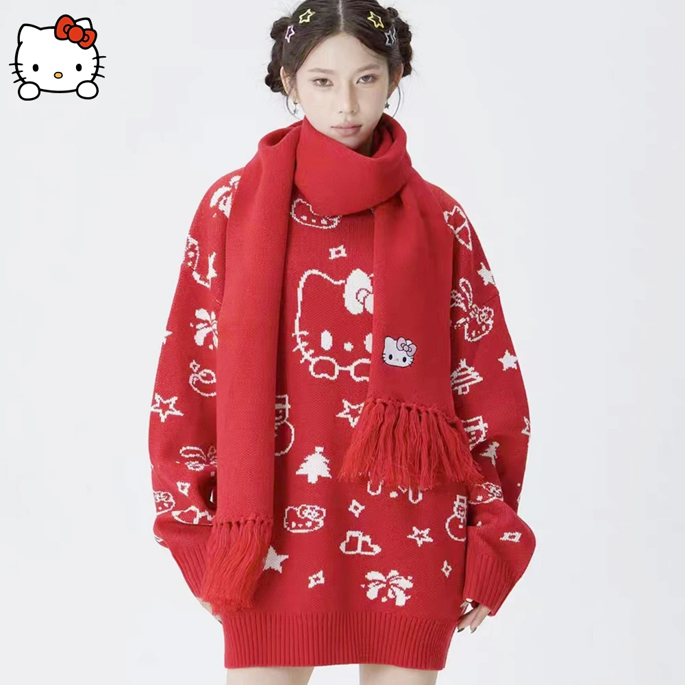 

Cute Sanrioed Christmas Hello Kitty Sweater Scarf Suit Kawaii Anime Figure Sweater Top Sweet Girl Student Harajuku Trend Loose