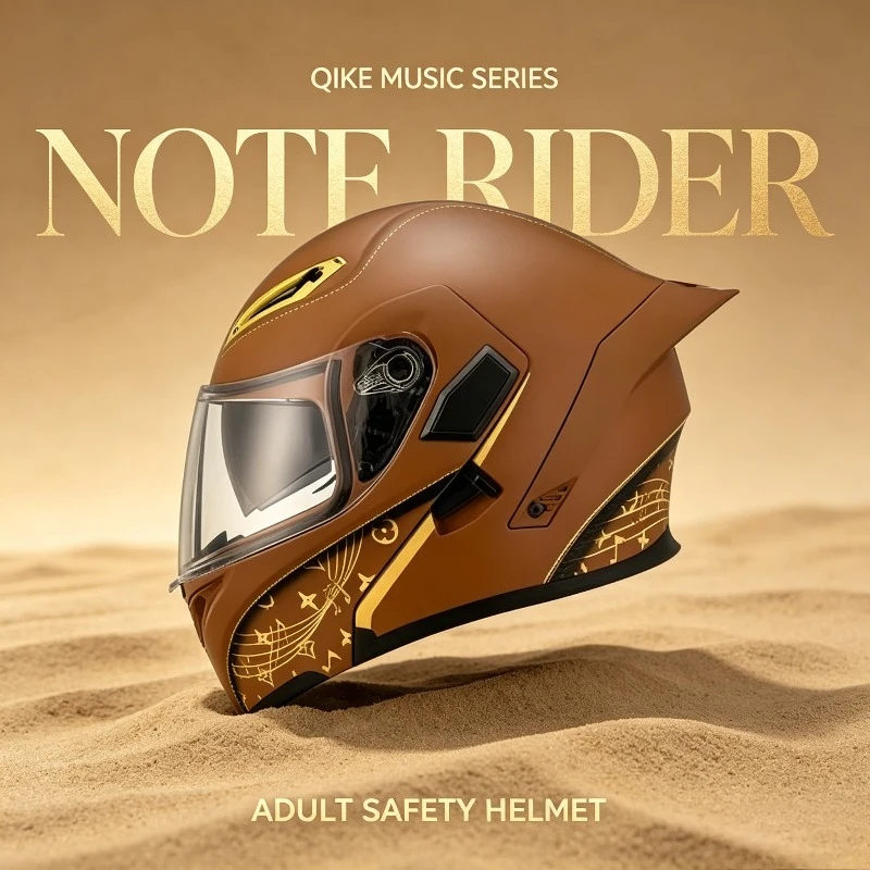 3C Certified QIKE Retro Modular Matte Brown Luxury Golden Star Graphic Large Spoiler Full Face Motorcycle Helmet Shockproof