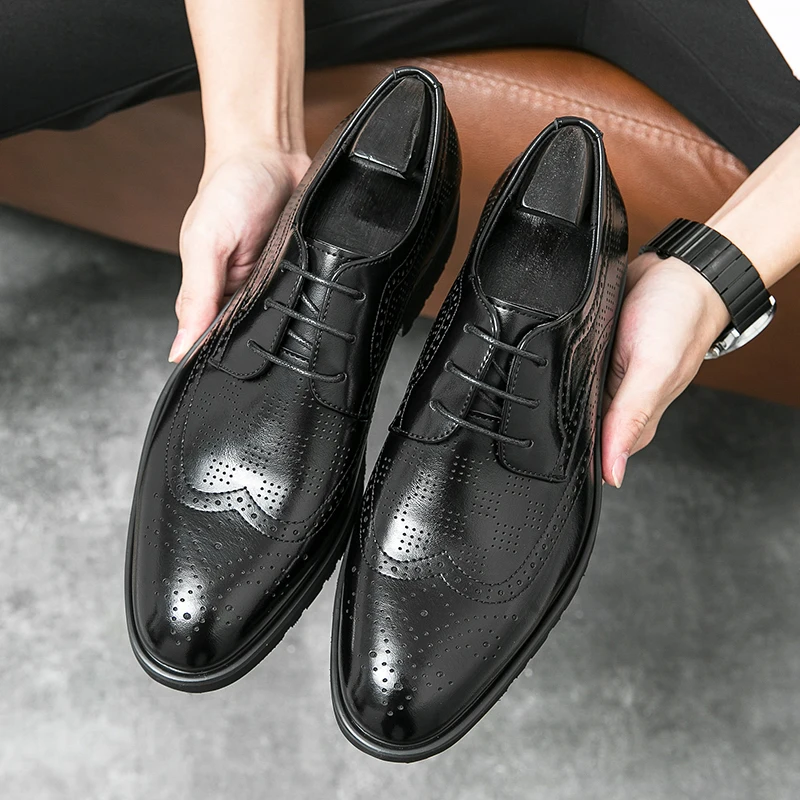 Men Korea Leather Platform Oxfords Slip On Thick Tottom For Male Derby Shoes Casual Loafers Mens Square Toe Formal Dress Shoes