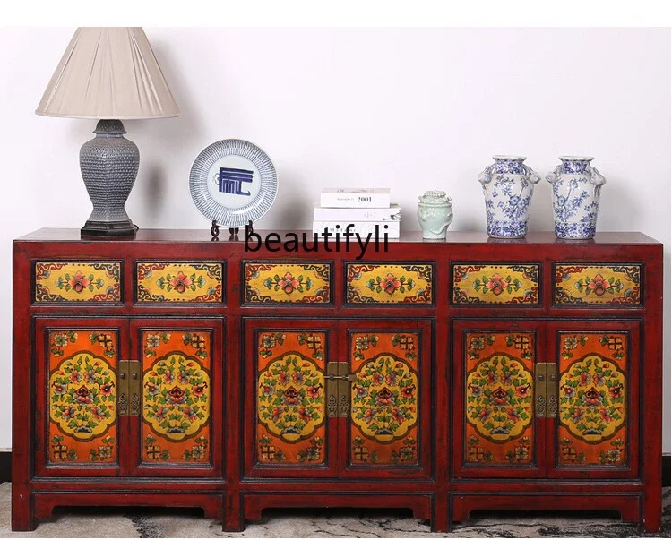 

A15 New Chinese solid wood painted dining side cabinet hand painted decorative cabinet neoclassical antique partition cabinet