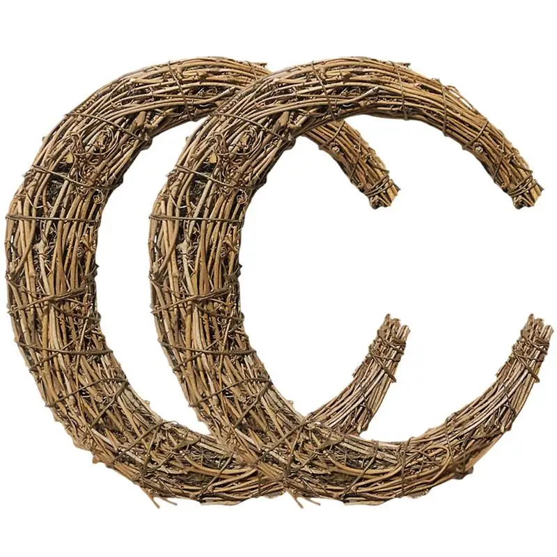 2pcs Vine Wreath DIY Wreath Accessory Moon Shaped Rattan Natural Handmade Woven Rings Frame For Craft DIY Flower Shop Decoration