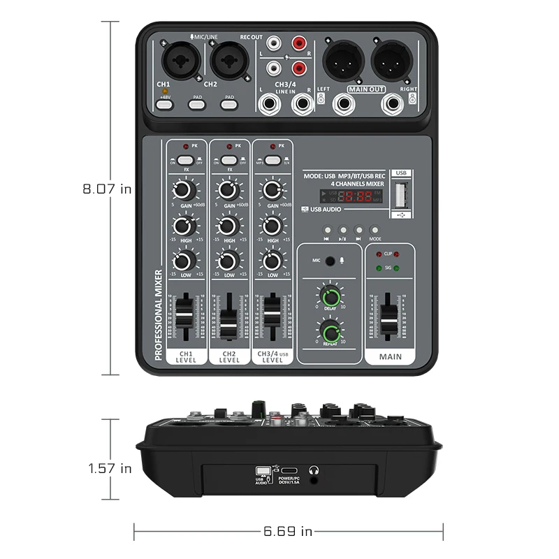 Audio Mixer Professional 4 Channel DJ Karaoke Bluetooth 48V Power Supply sound Mixing console for Music Recording System