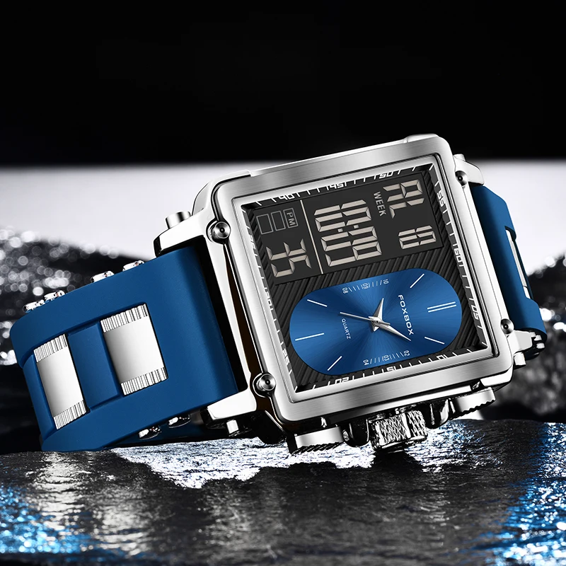 FOXBOX Men Watch Fashion Military Square Electronic Wristwatches For Men Waterproof Luminous LED Alarm Chronograph Montre Homme
