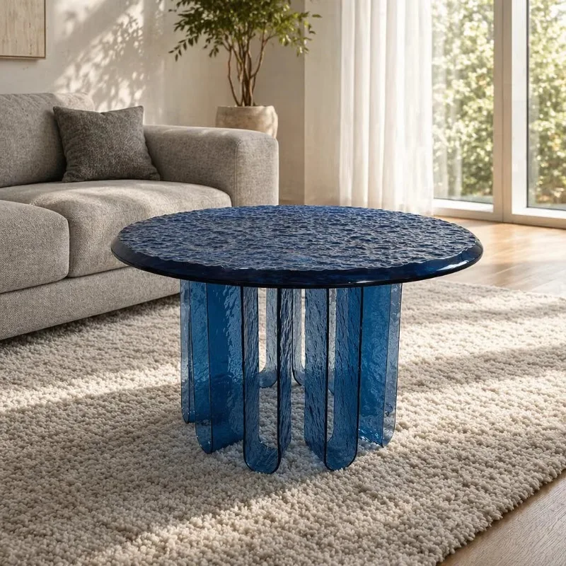 Artistic Round Blue Acrylic Coffee Table Water-Resistant Side Table Water Ripple Textured Top Living Room Studio Center Table