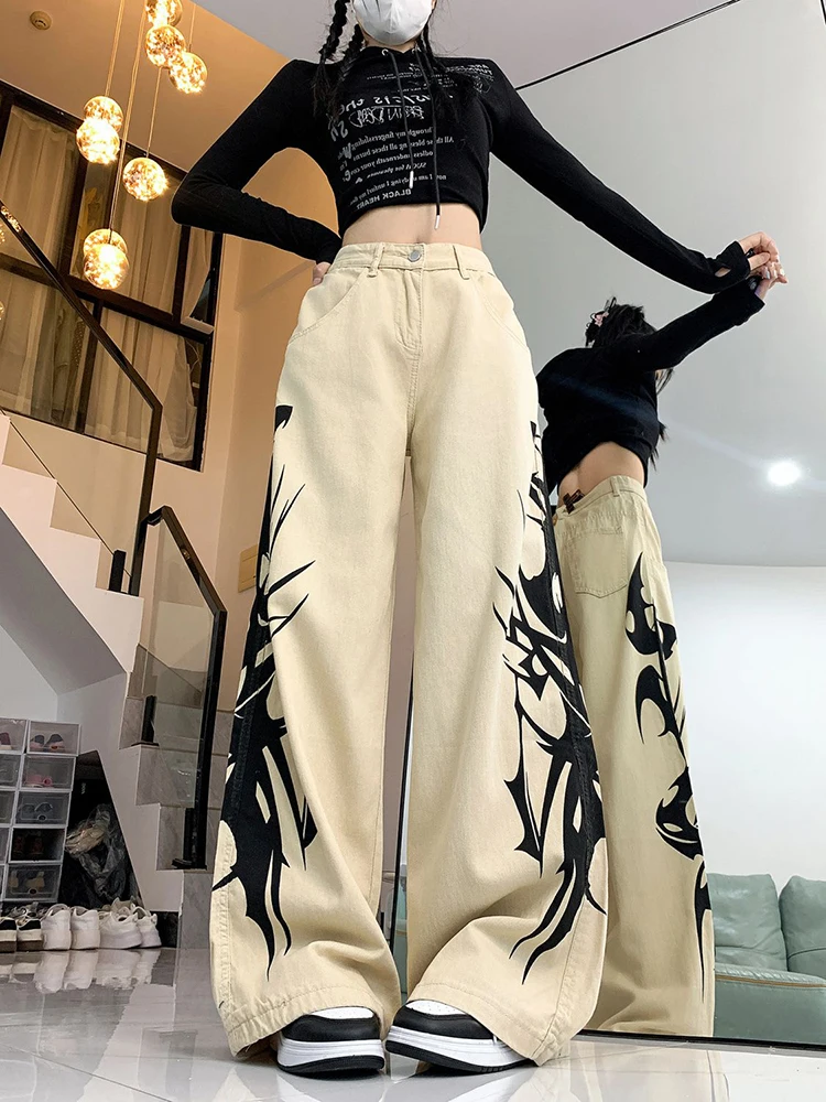 

Модные прямые брюки с высокой талией в стиле ретро, женские джинсы унисекс с персонализированными расписными принтами Cool Girl Street