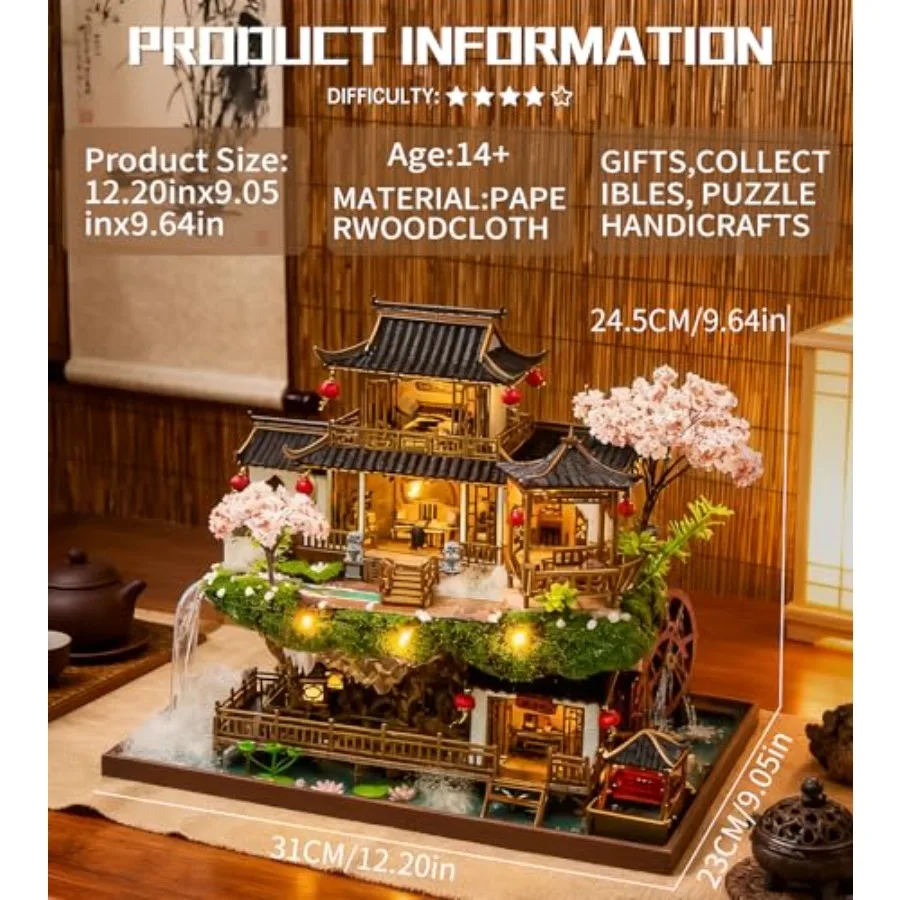 Bookshelf decoration: wooden miniature house kit with music box, pastel pink finish, creative DIY assembly for adults