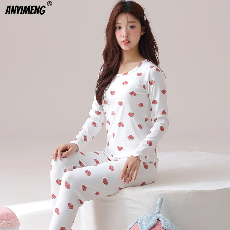 Young Lady Sleepwear Slim Underwear for Girl Autumn Spring Kawaii Faux Cotton Cartoon Pajamas Set Women Long Sleeves Nightwear