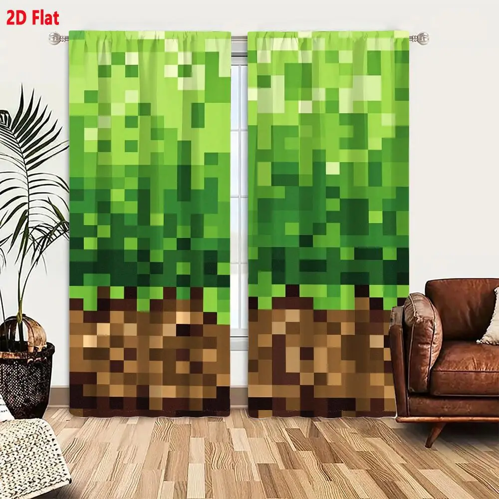 2 Stück Vorhänge im pixelierten Videospiel-Stil mit Landschaftsmotiv für Schlafzimmer, Wohnzimmer, Dekoration, Fensterbehandlung.