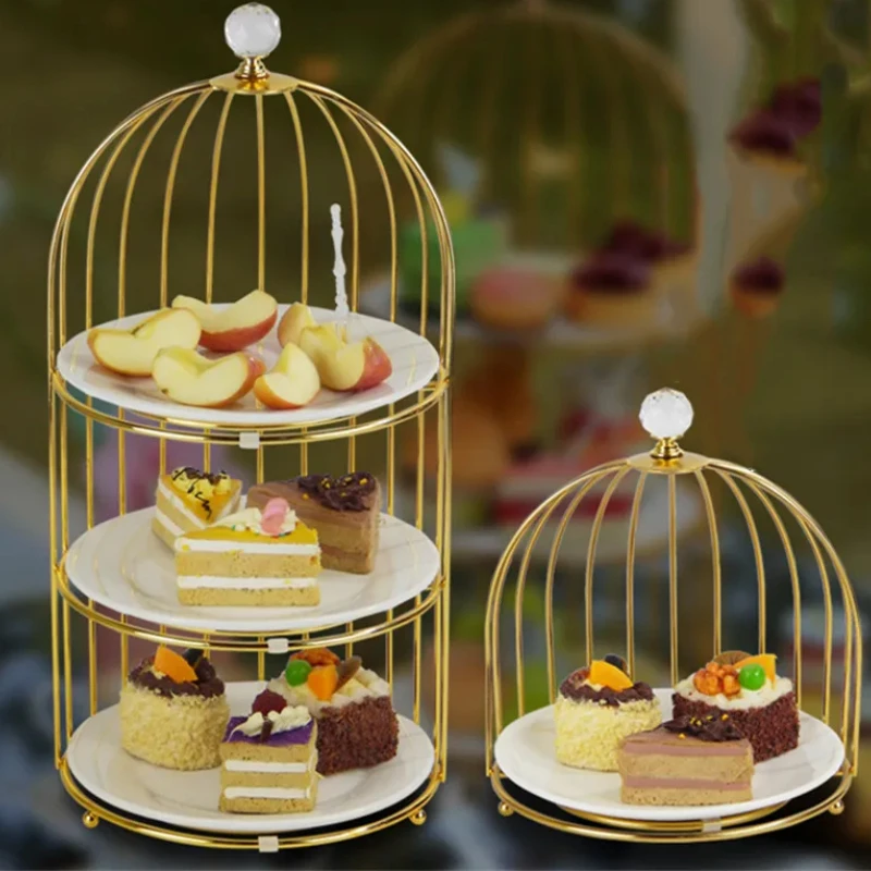 

Double Layer Cake Stand, Wrought Iron Display Stand, Ceramics Three-tier Fruit Tray, Afternoon Tea Dessert Decorative Rack