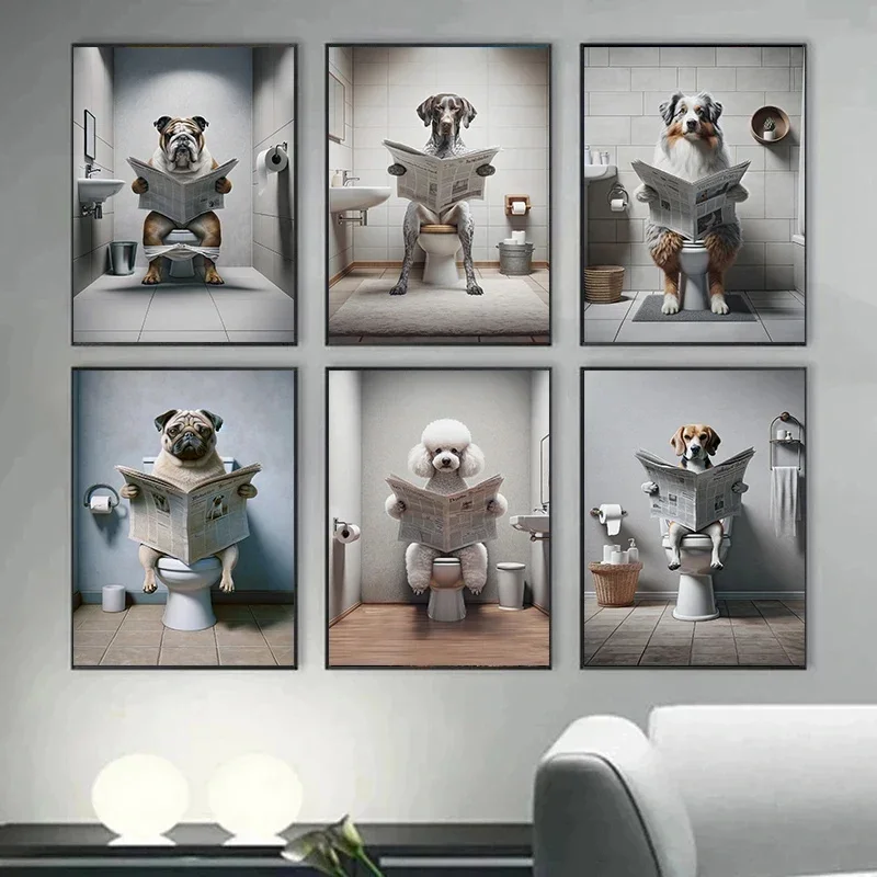 Toilet Dogs Reading Newspapers Funny Posters Rottweiler Doberman Poodle Canvas Painting Bathroom Wall Art Picture Home Decor