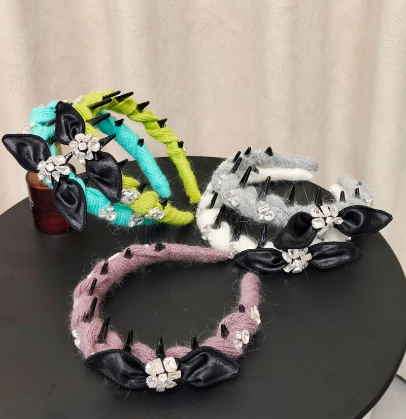 

Korean Wavy Tooth Cashmere Wool Hair Hoop Hairband PU Bowknot Diamonds Headband Fashionable Hair Clip Women Hairpin Accessories