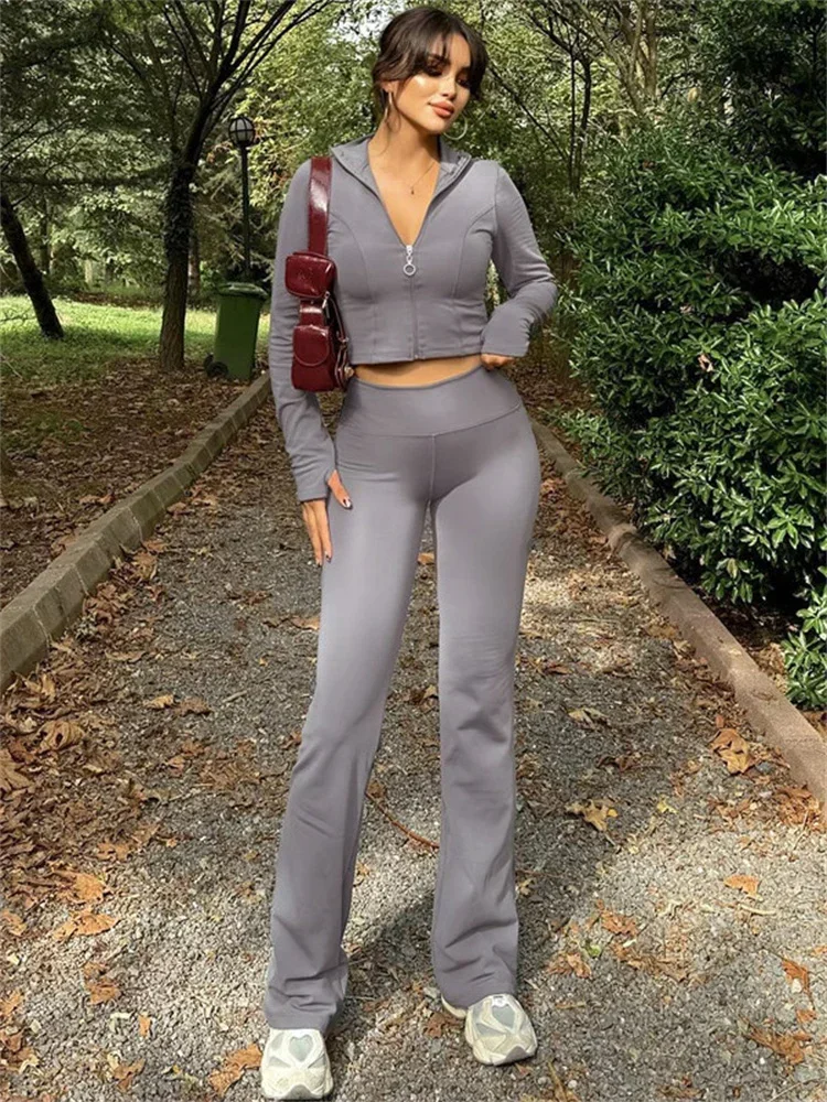 Winter Casual 2 Piece-Set Straight Legg Female Zipper Cardigan And High Waist Skinny Tracksuit Women's Pants Outfits 2024