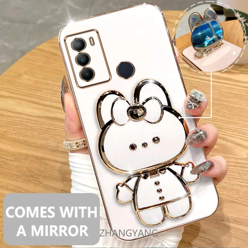 Case For Moto G60 G40F Electroplated straight edge silicone phone case cute 3D rabbit with built-in mirror for anti drop image 3