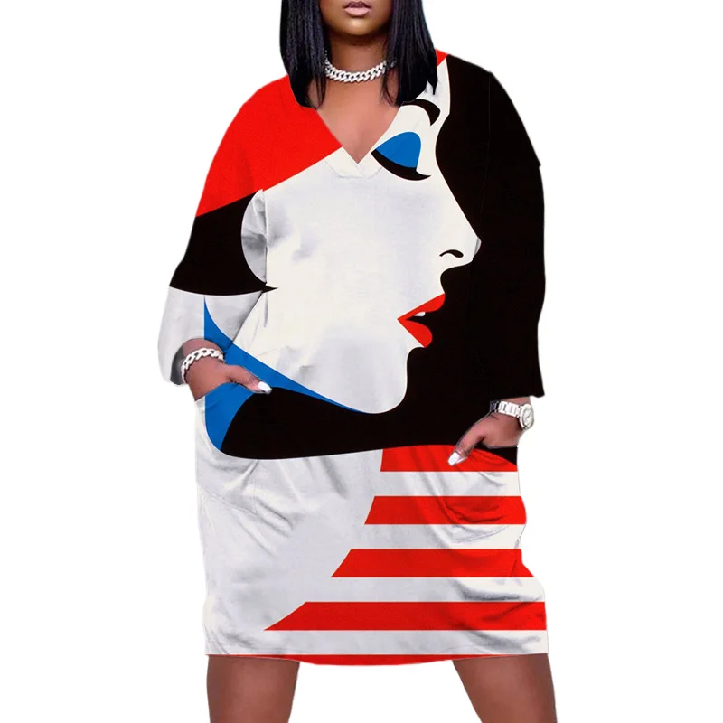 

Portrait Print Dress Sexy Casual Africa Women Dress Party Evening Loose Fashion Dress Midi Lips Vestidos Boho Beach Sundress