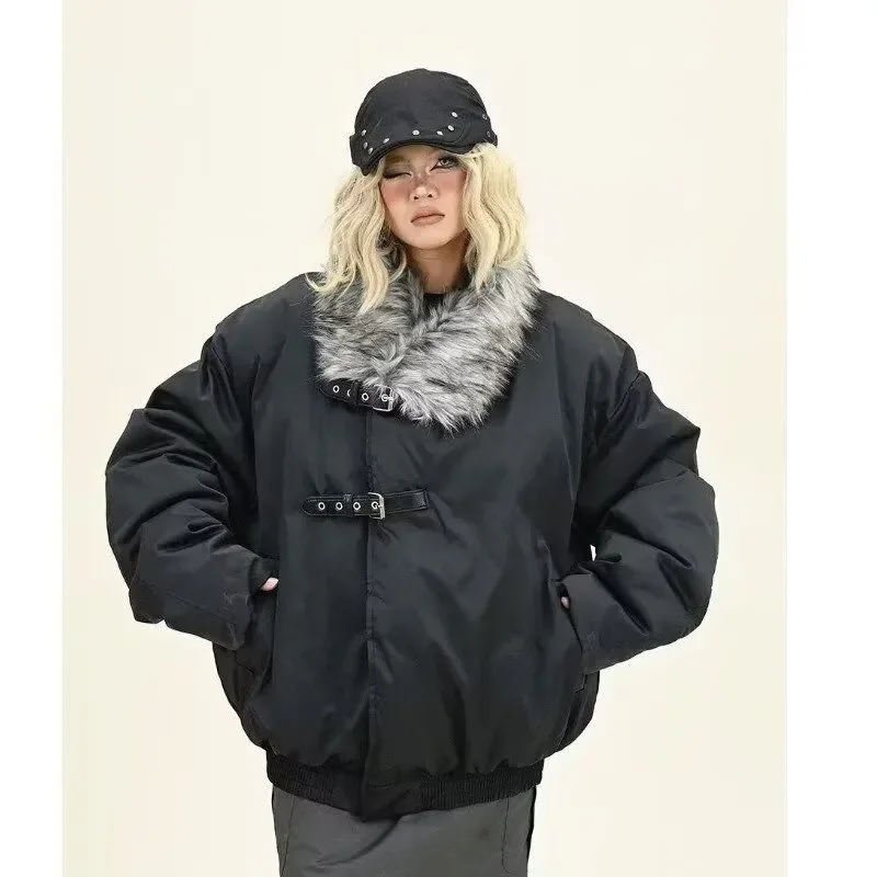 

American Retro Coat Women Casual Long Sleeve Buckle Faux Fur Subculture Japanese Y2K Harajuku Autumn Vintage Chic Clothing