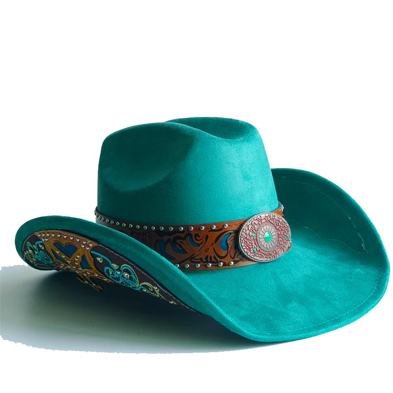 Turquoise Suede Hat Embroidery Cowboy Hat with Belt Wide Brim New Turquoise Accessories Embroidered Luxury Sombrero
