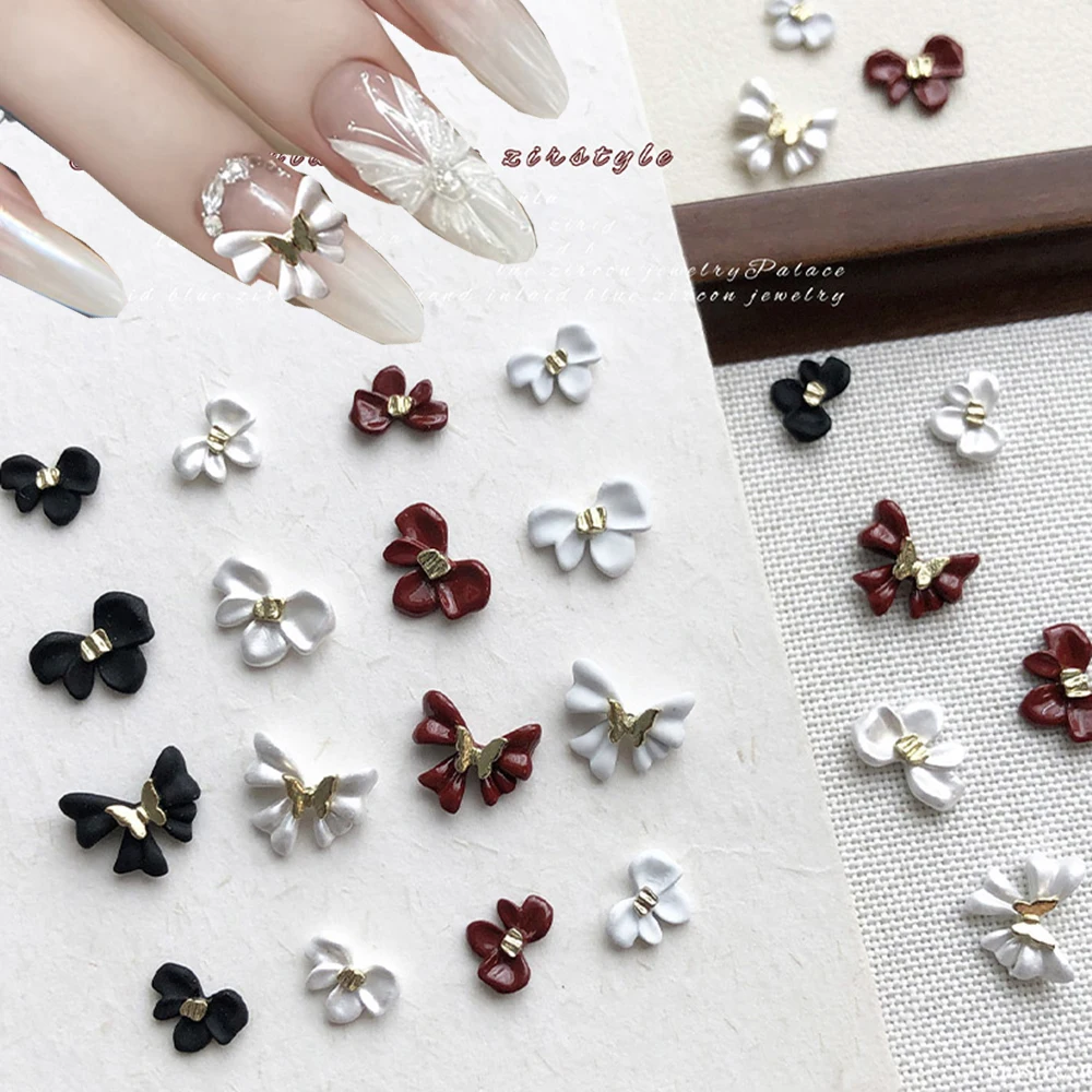 5 pièces ruban métallique nœud papillon breloque pour ongles alliage 3D noir blanc rouge nœud papillon métallique Nail Art strass bricolage manucure décoration