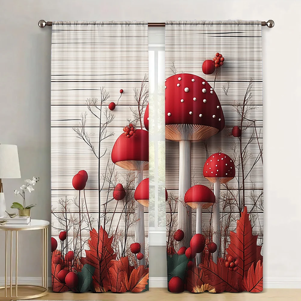 2Pcs Rustic Plants Curtain Reddish Mushrooms Forest Leaves Branches And Flowers Scandi Art Curtains Machine Washable_ai11