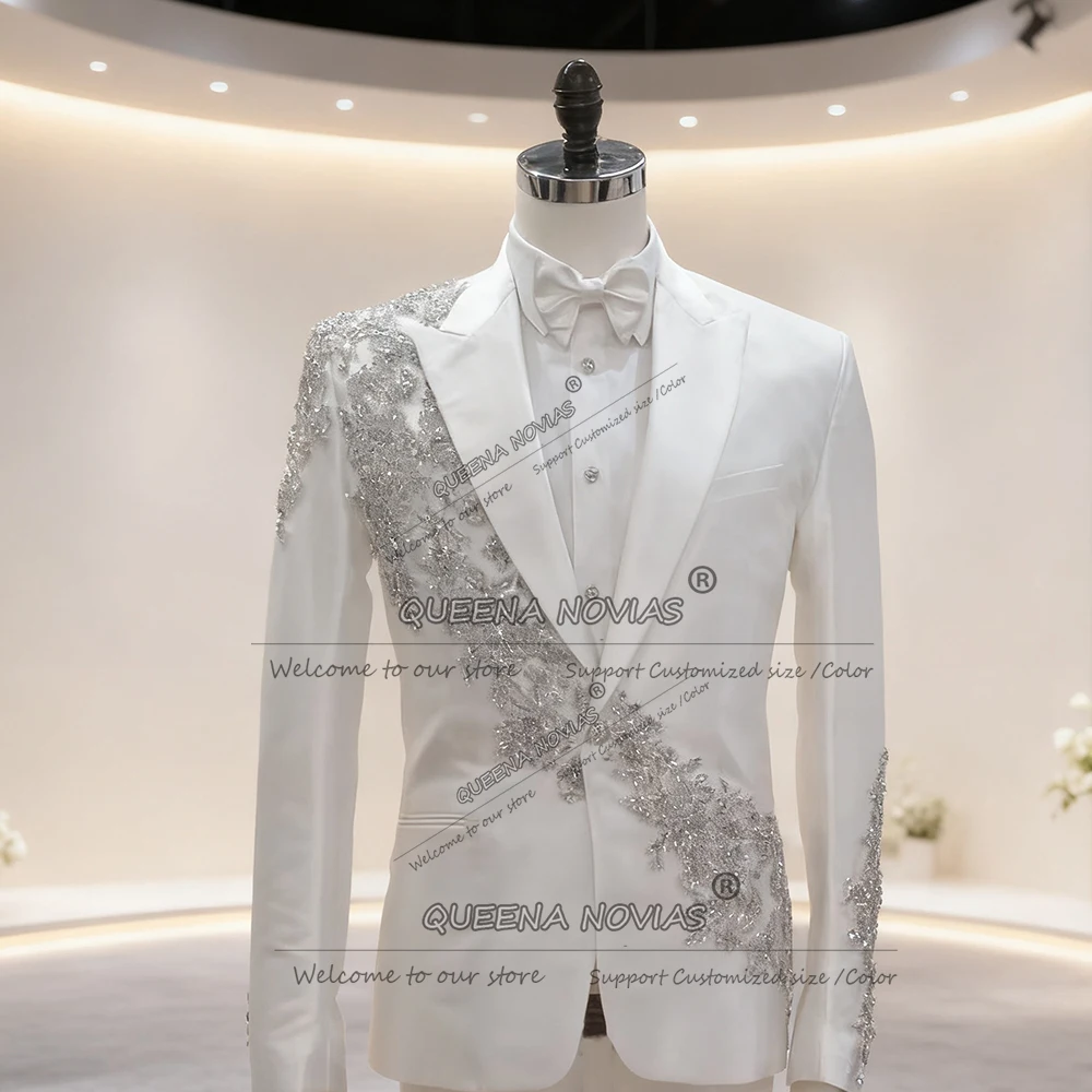 

Современные мужские костюмы, блейзер с аппликациями из бисера, цельный пиджак с остроконечными лацканами, свадебные смокинги для жениха, наряды по индивидуальному заказу, trajes para hombre