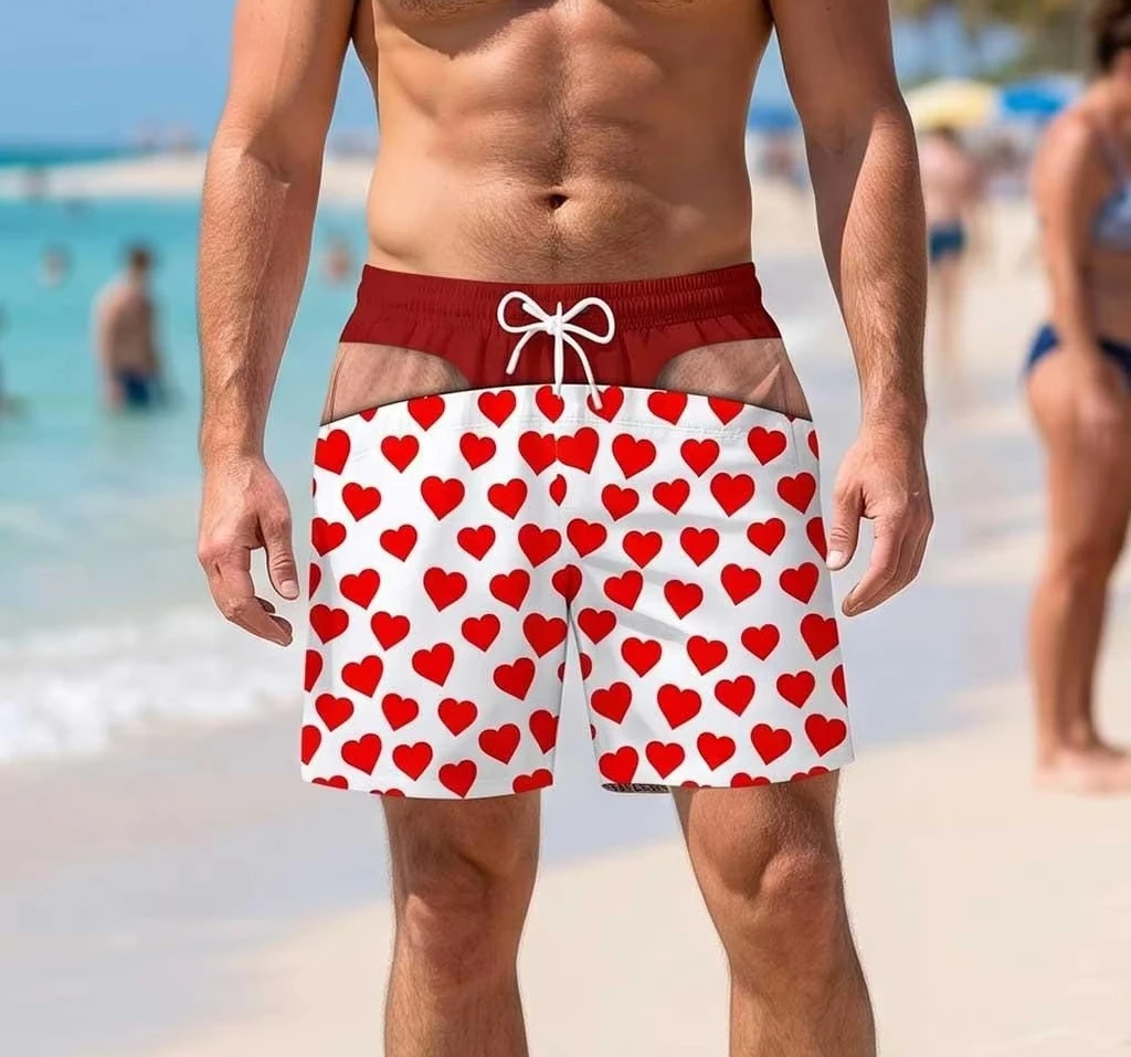 Enchanted Personalized Swim Trunks Summer Fashion Funny Summer Vacation Shorts Red Heart Printed Beach Shorts Family Matching