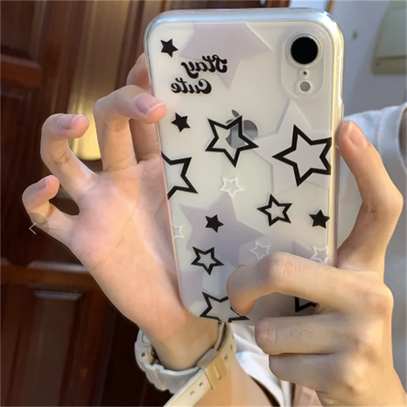 Korean Cute Y2k Star Transparent Phone Case For iPhone 15 14 13 12 11 Pro Max X XR 7 8Plus SE Lovely Shockproof Soft Cover Funda